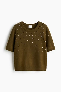Rhinestone-Embellished Fine-Knit Top