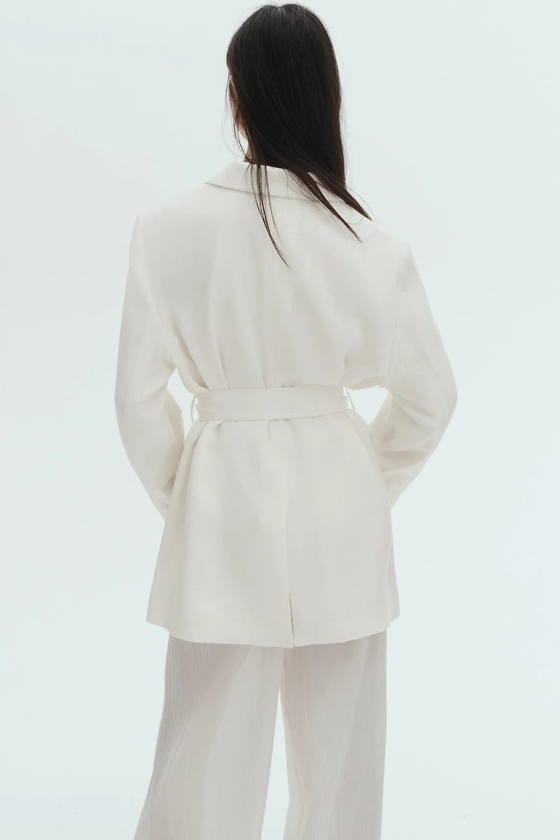 Textured-Weave Tie-Belt Blazer