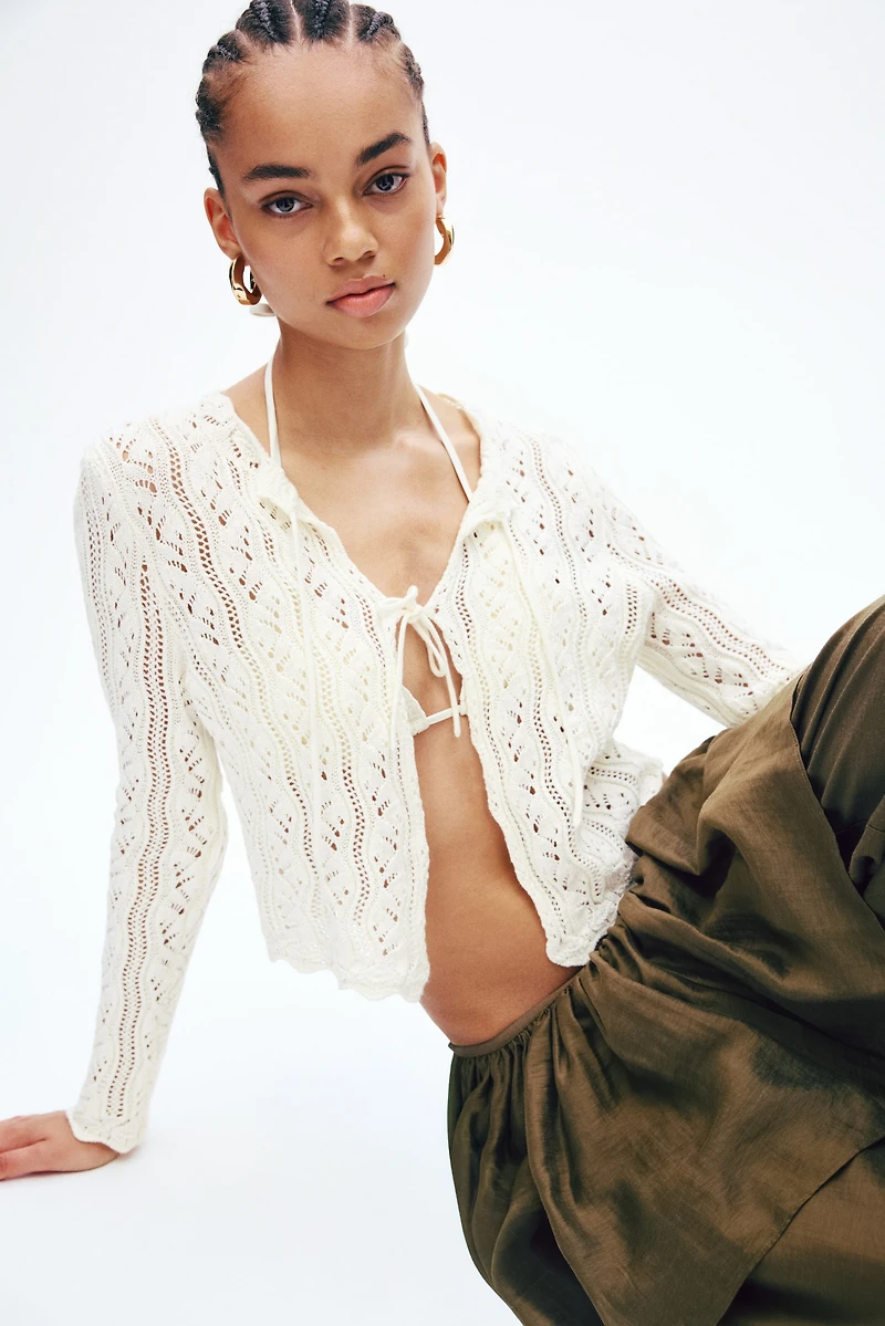 Pointelle-Knit Tie-Front Cardigan