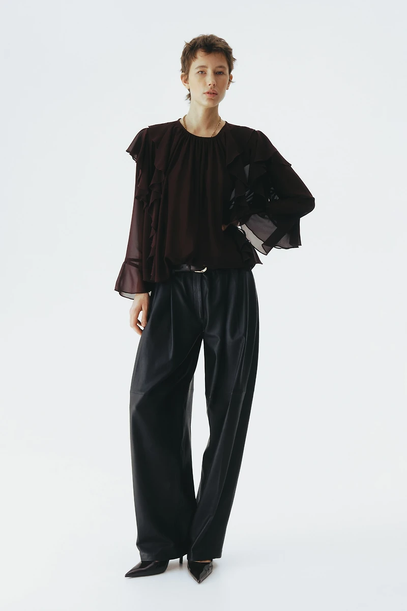 Sheer Flounce-Trimmed Blouse