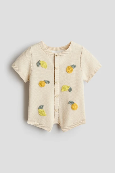Embroidered-Detail Cotton Romper Suit