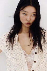 Cap-Sleeved Pointelle-Knit Cardigan