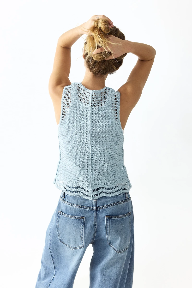 Crochet-Look Button-Front Top