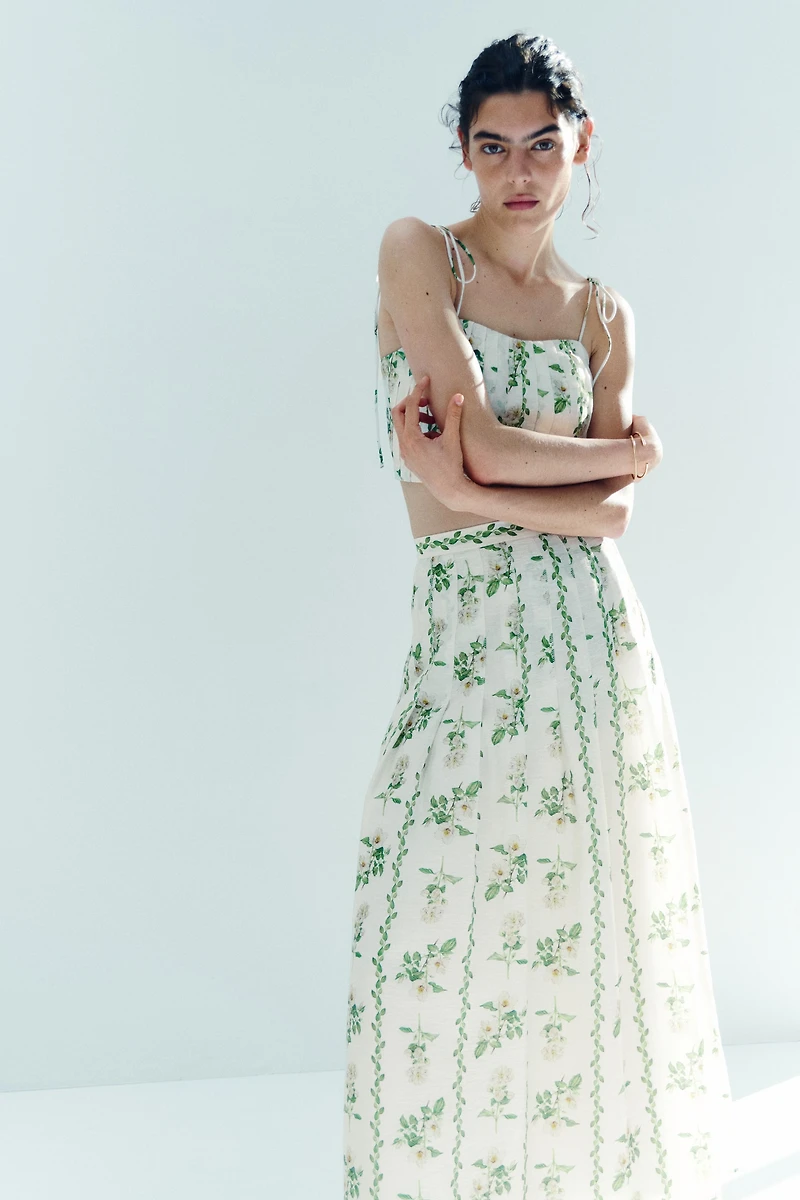 Pleated Linen-Blend Crop Top