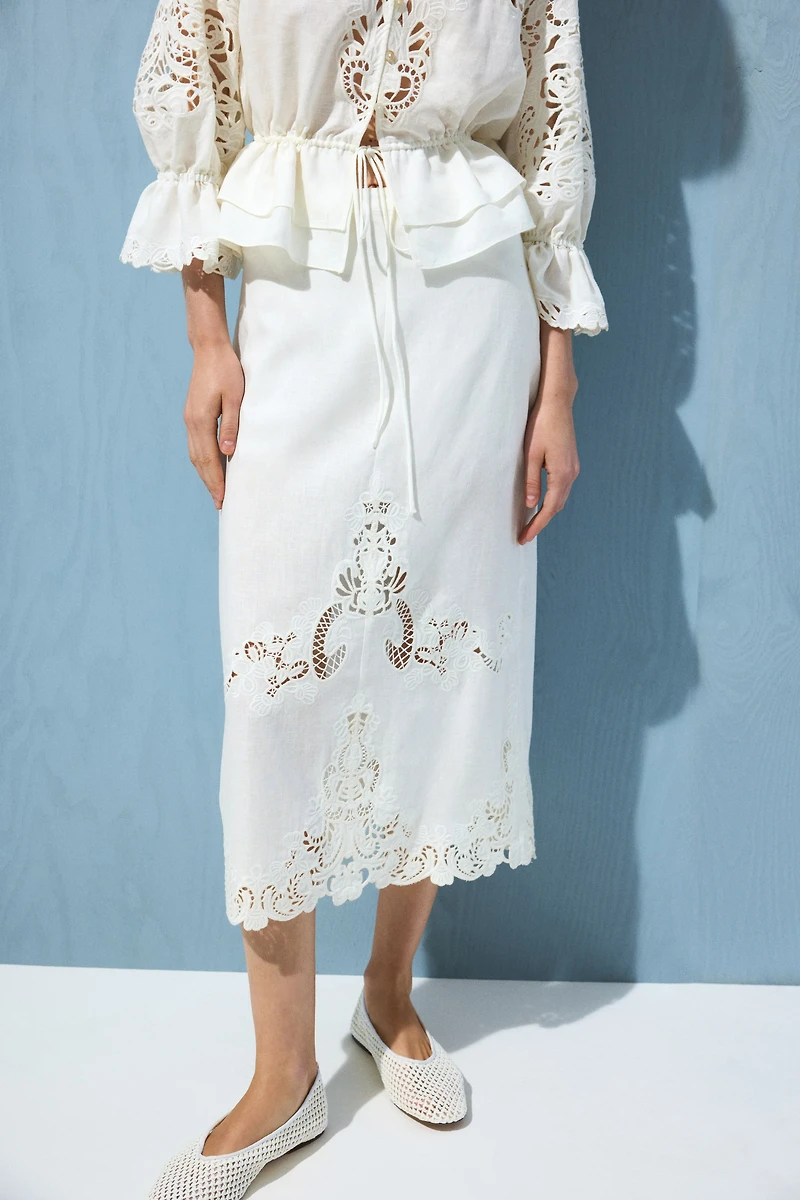 Linen-Blend Eyelet-Embroidered Skirt