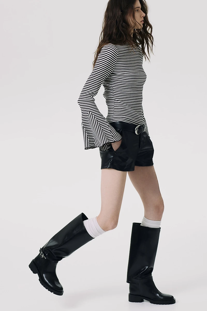 Trumpet-Sleeved Ribbed Top
