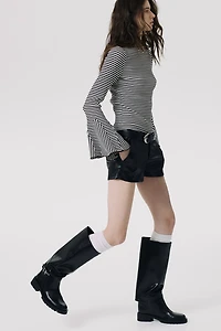 Trumpet-Sleeved Ribbed Top