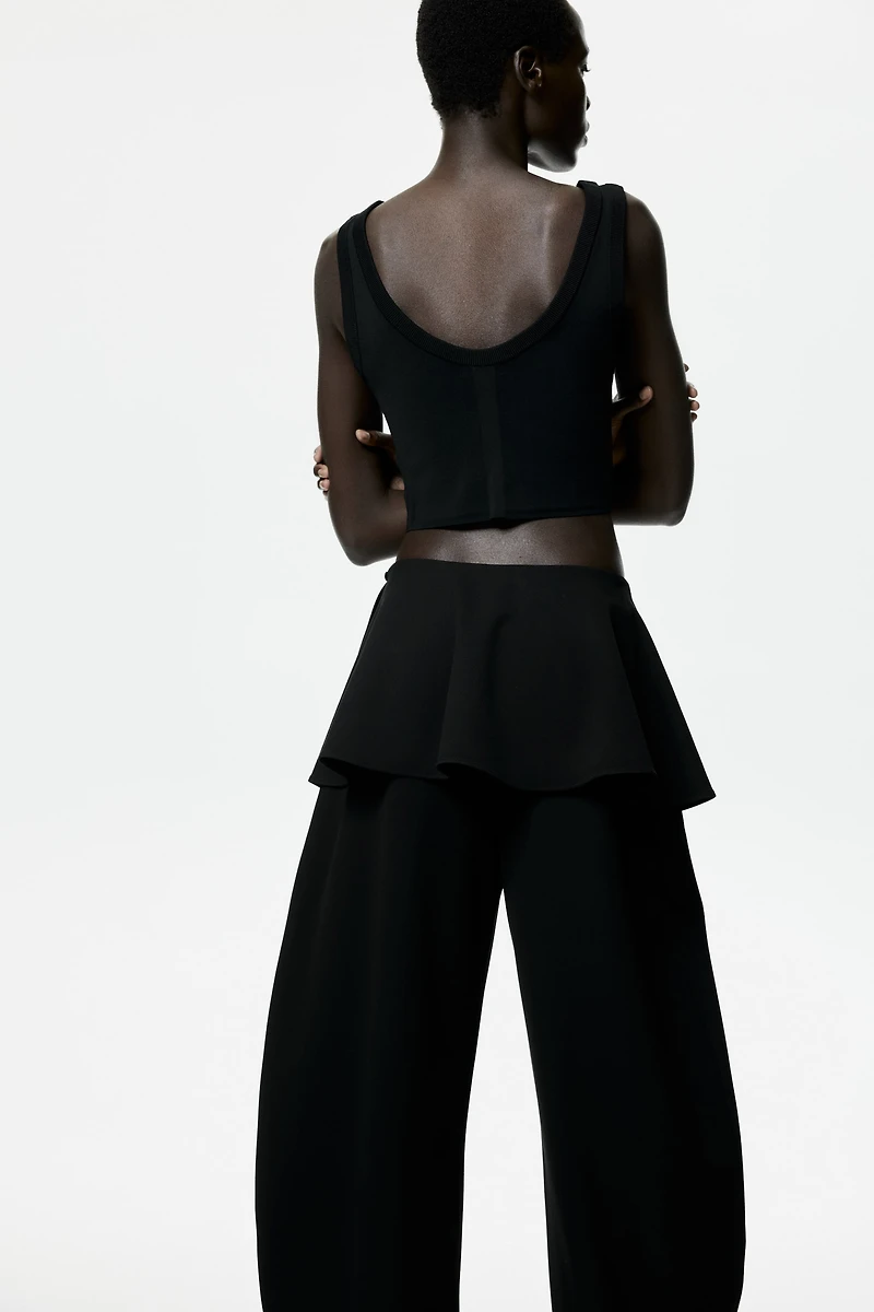 Skirt-Layered Barrel-Leg Pants