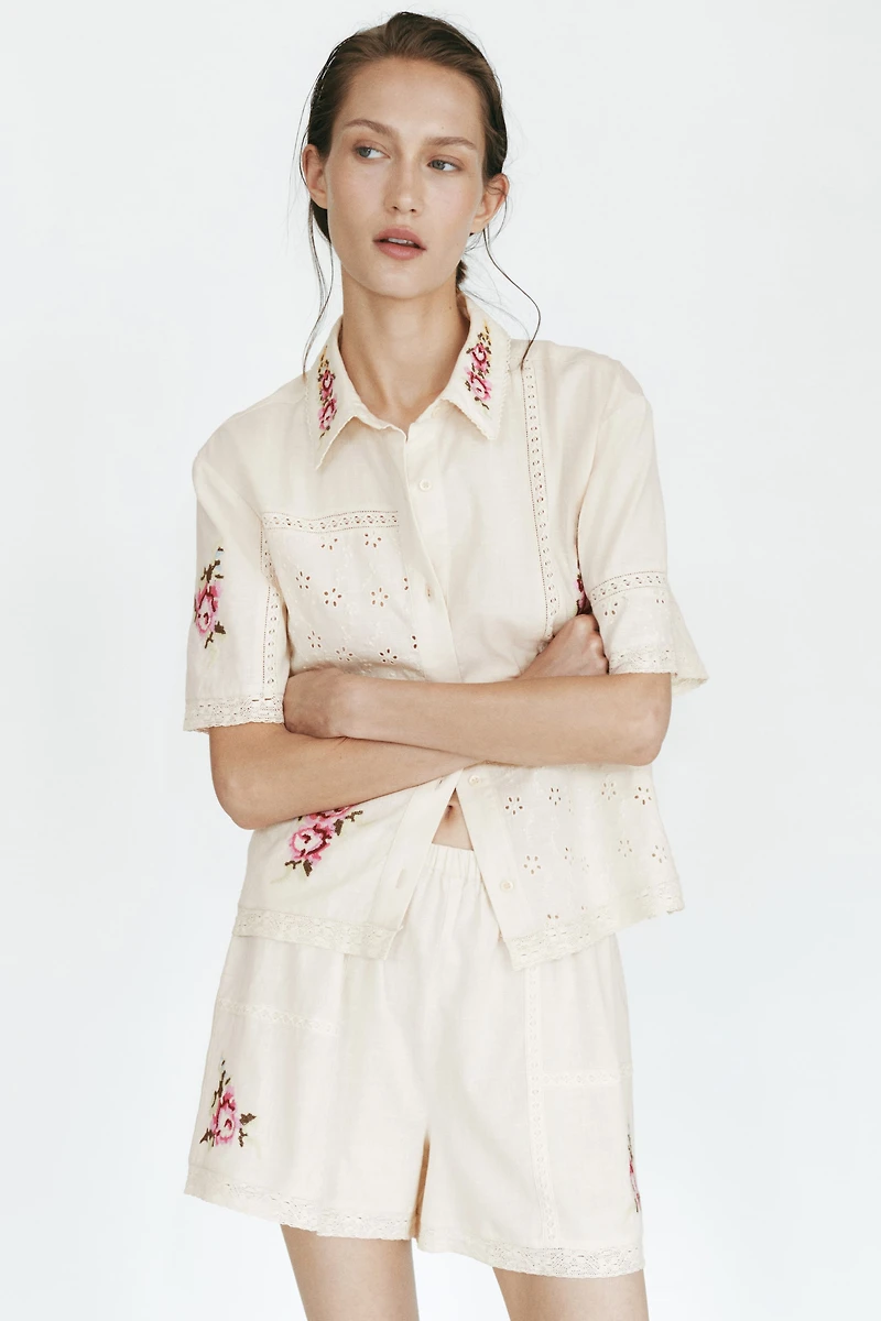 Linen-Blend Pajama Shirt
