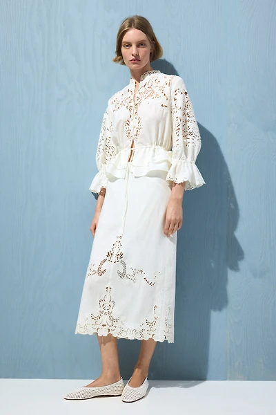 Linen-Blend Eyelet-Embroidered Skirt