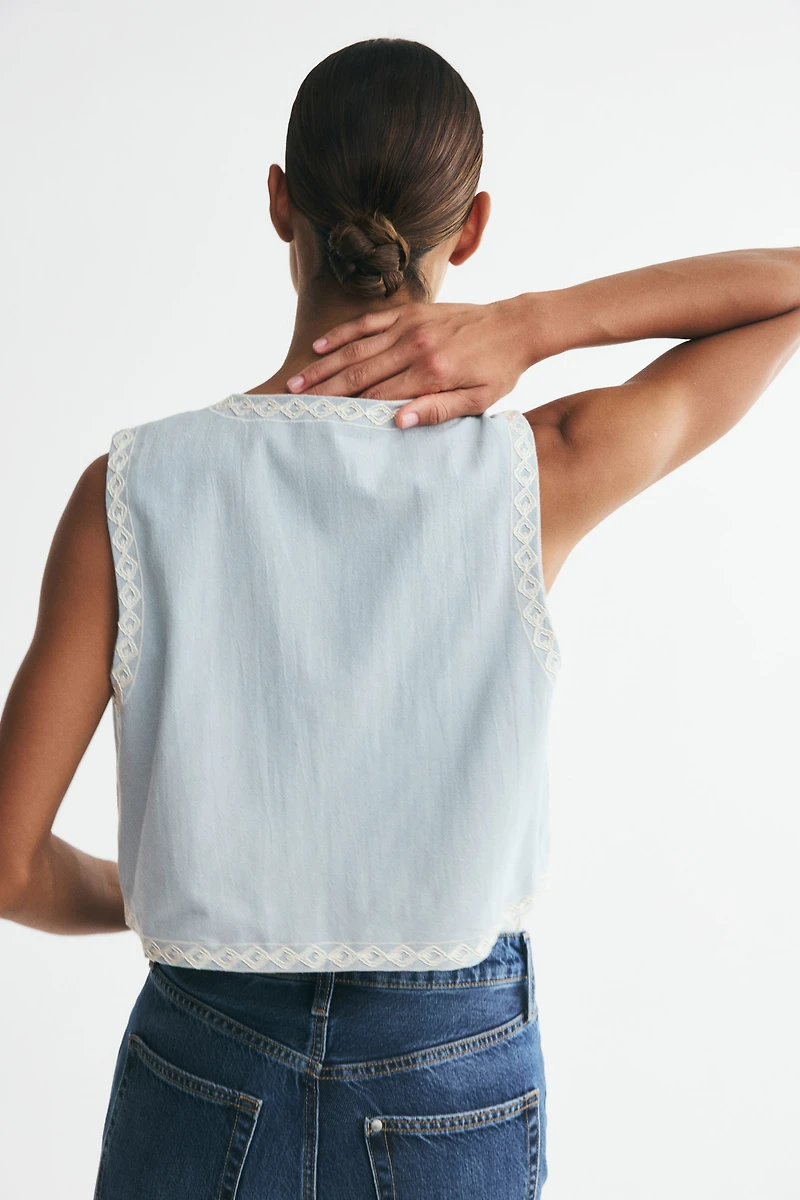 Linen-Blend Vest with Eyelet Embroidery