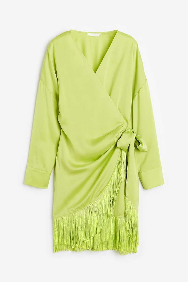 Fringe-trimmed Satin Wrap Dress