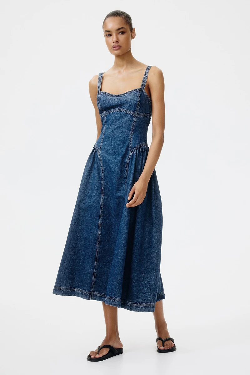 Flared-Skirt Denim Dress