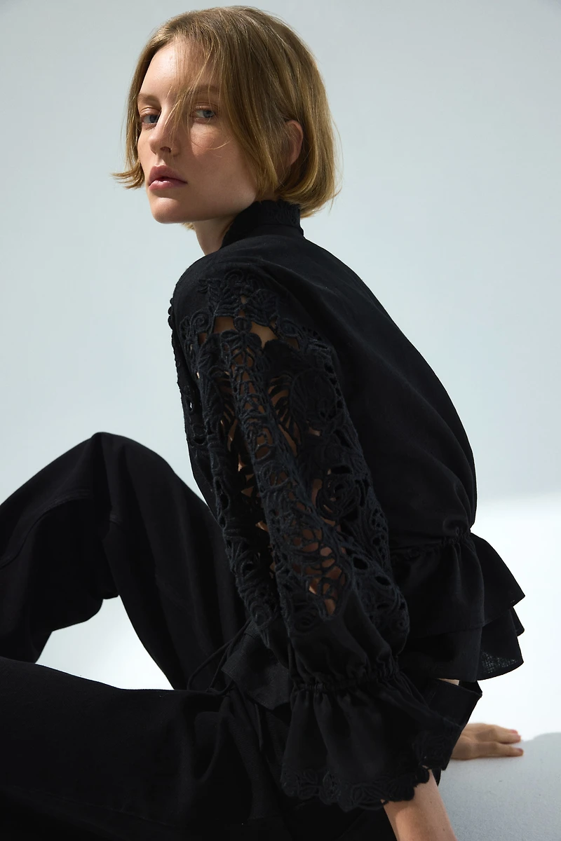 Linen-Blend Blouse with Eyelet Embroidery