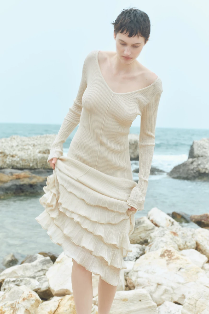 Flounced Rib-Knit Dress