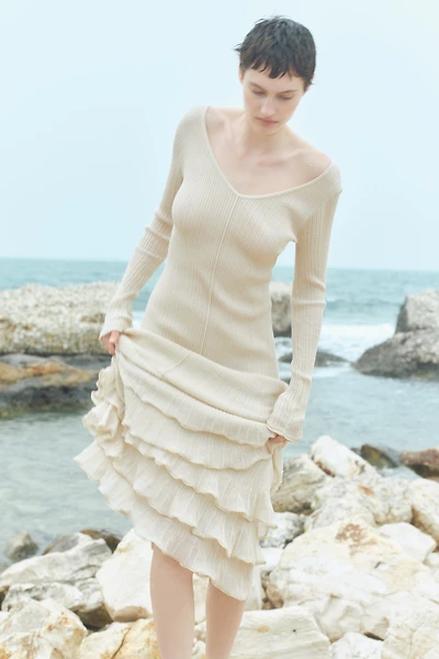 Flounced Rib-Knit Dress