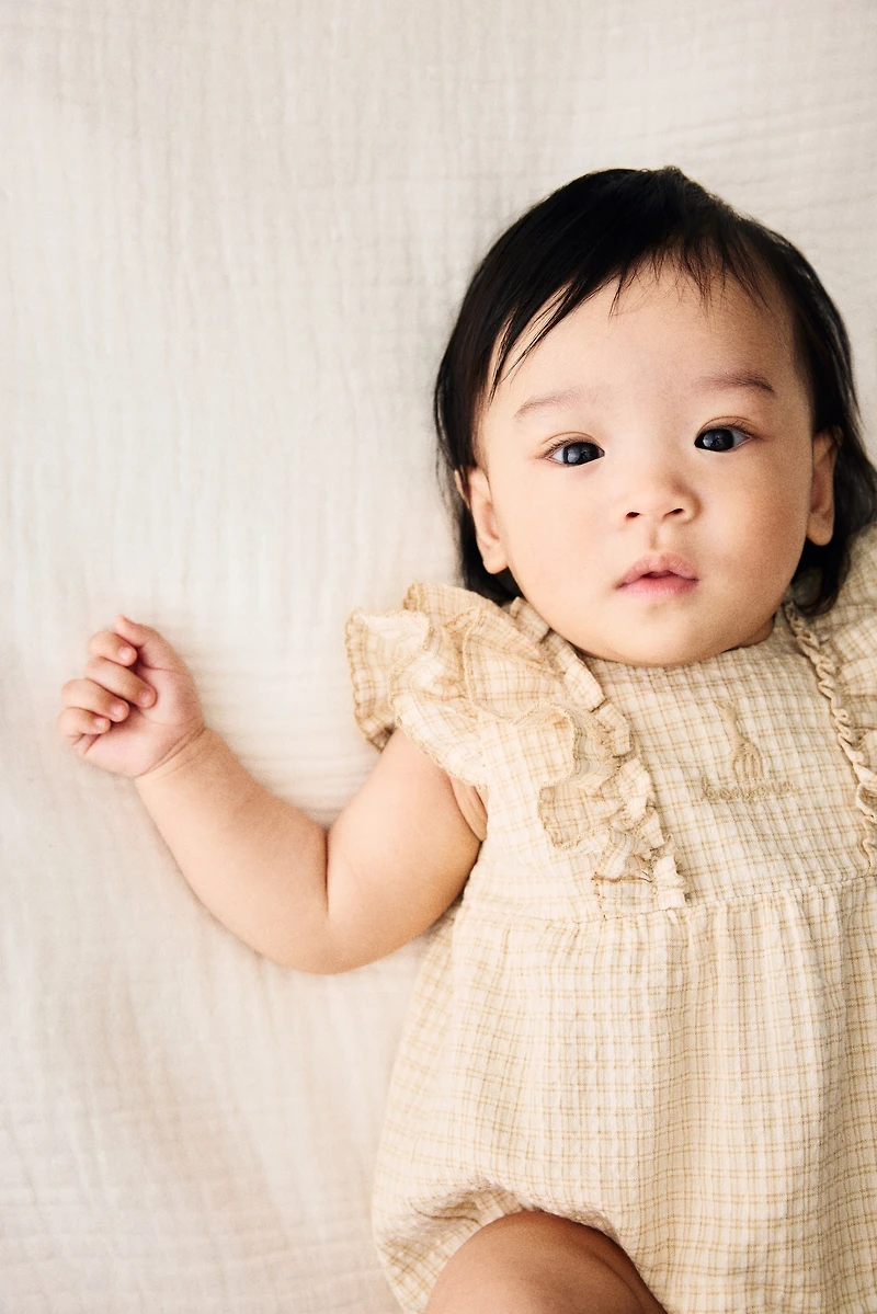 Embroidered-Detail Seersucker Romper Suit