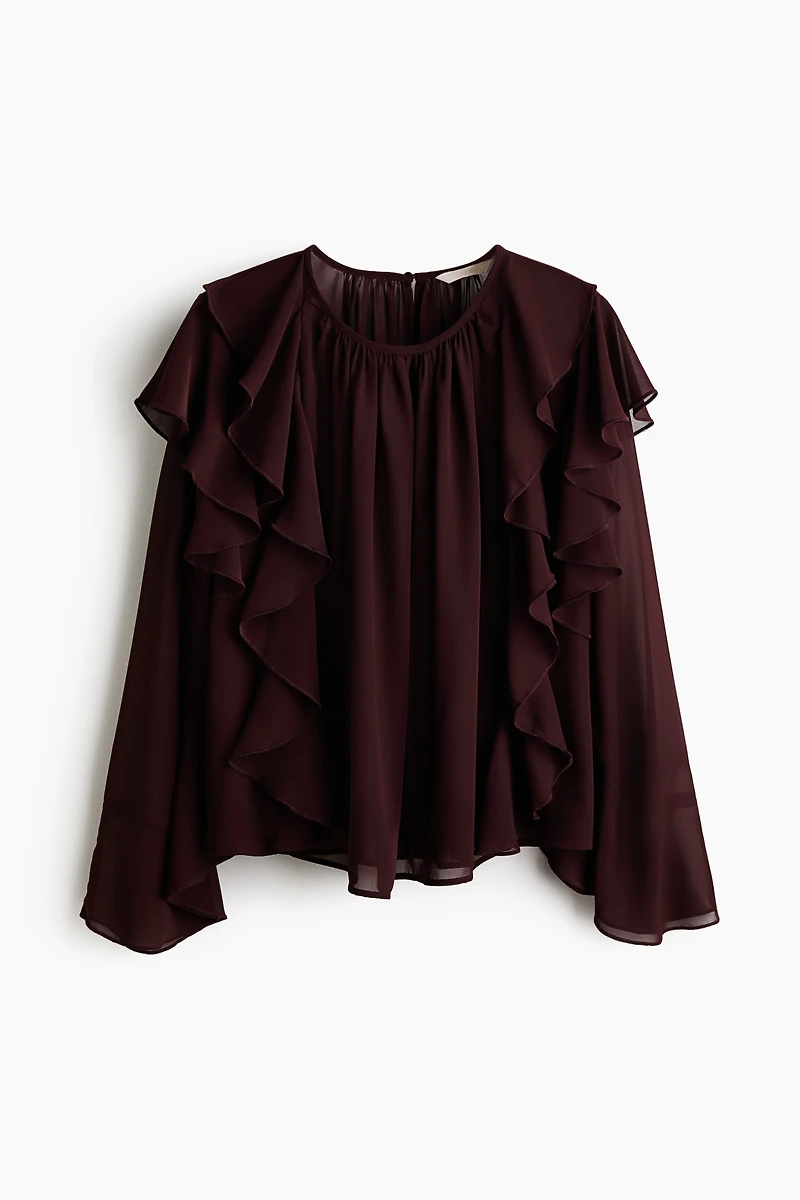 Sheer Flounce-Trimmed Blouse