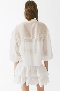 Ruffle-Trimmed Balloon-Sleeved Blouse