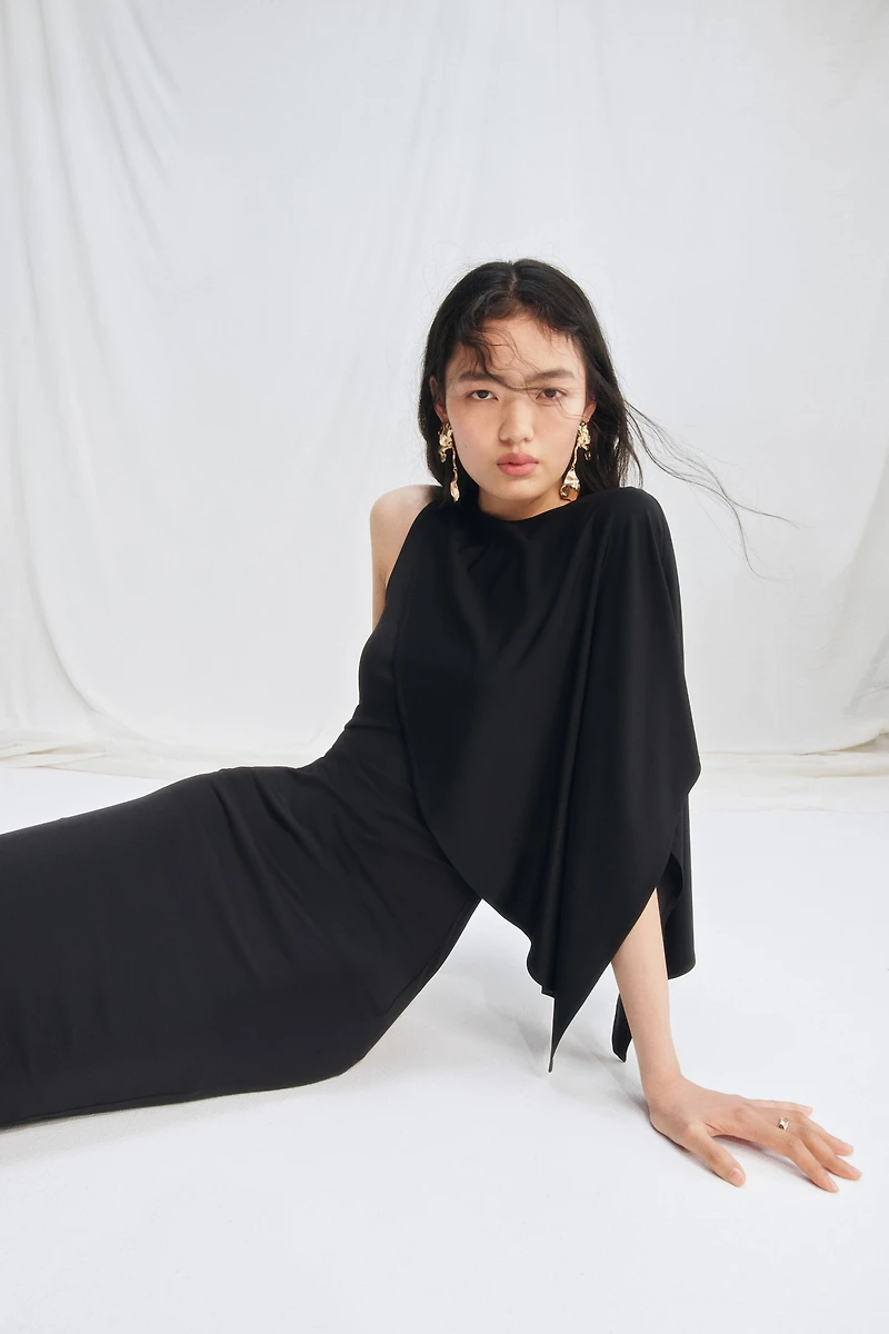Asymmetric Cape-Detail Dress