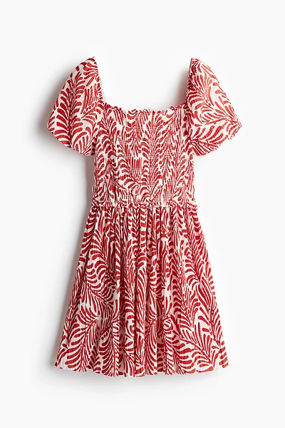 Smocked-Bodice Crinkled Dress