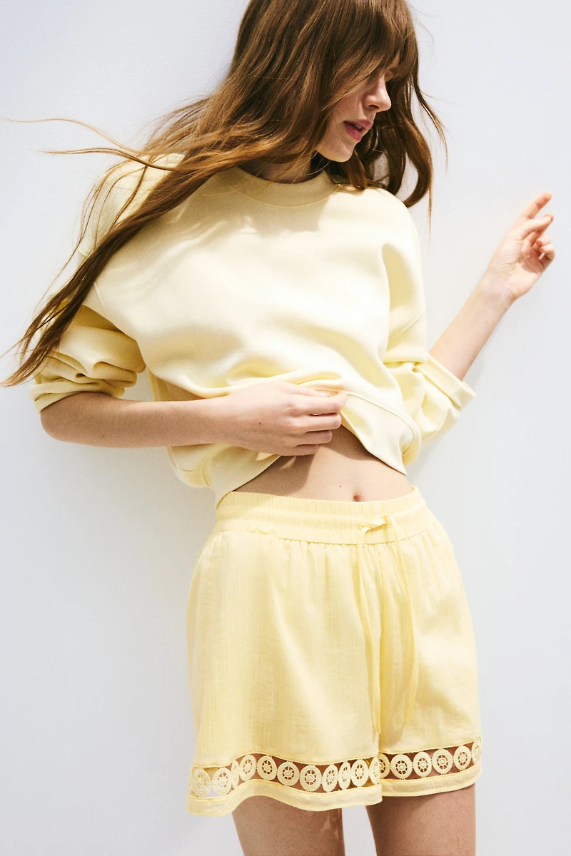 High-Waist Lace-Inset Drawstring Shorts