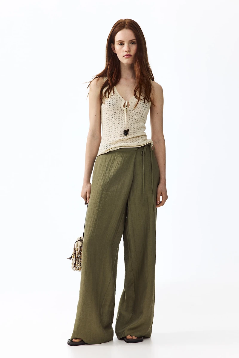 Pantalon à pan croisé en lin mélangé