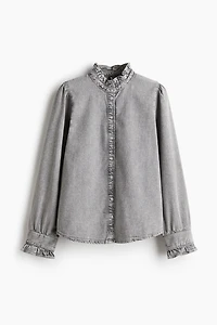 Ruffle-Trimmed Denim Blouse
