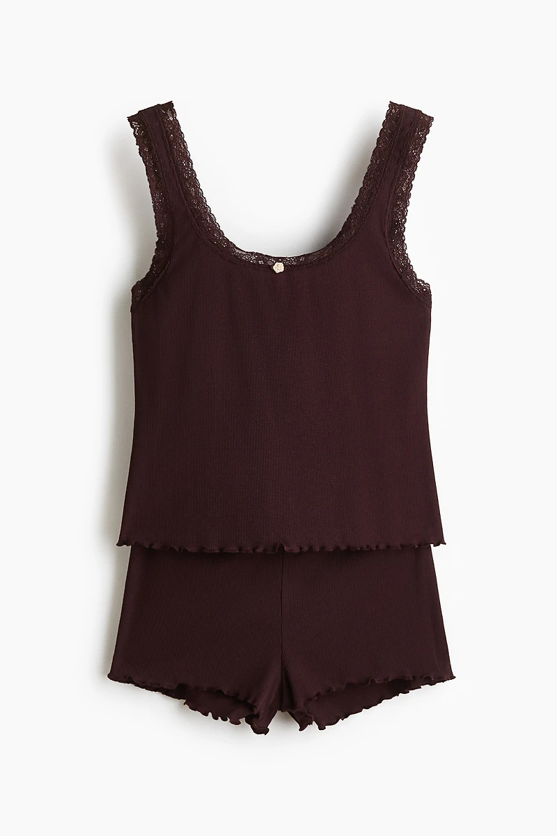 Lace-Trimmed Ribbed Pajamas