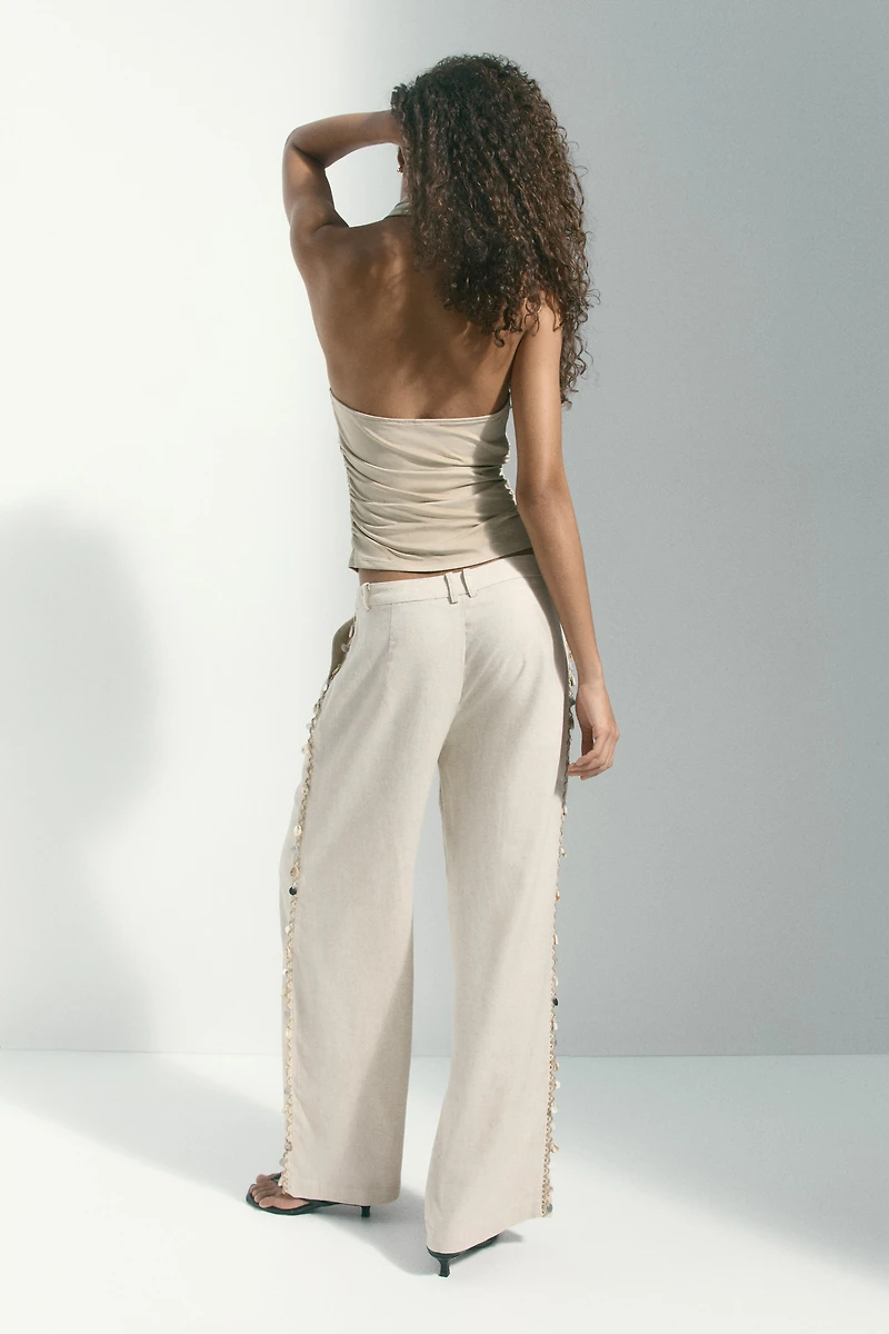 Embellished Linen-Blend Pants