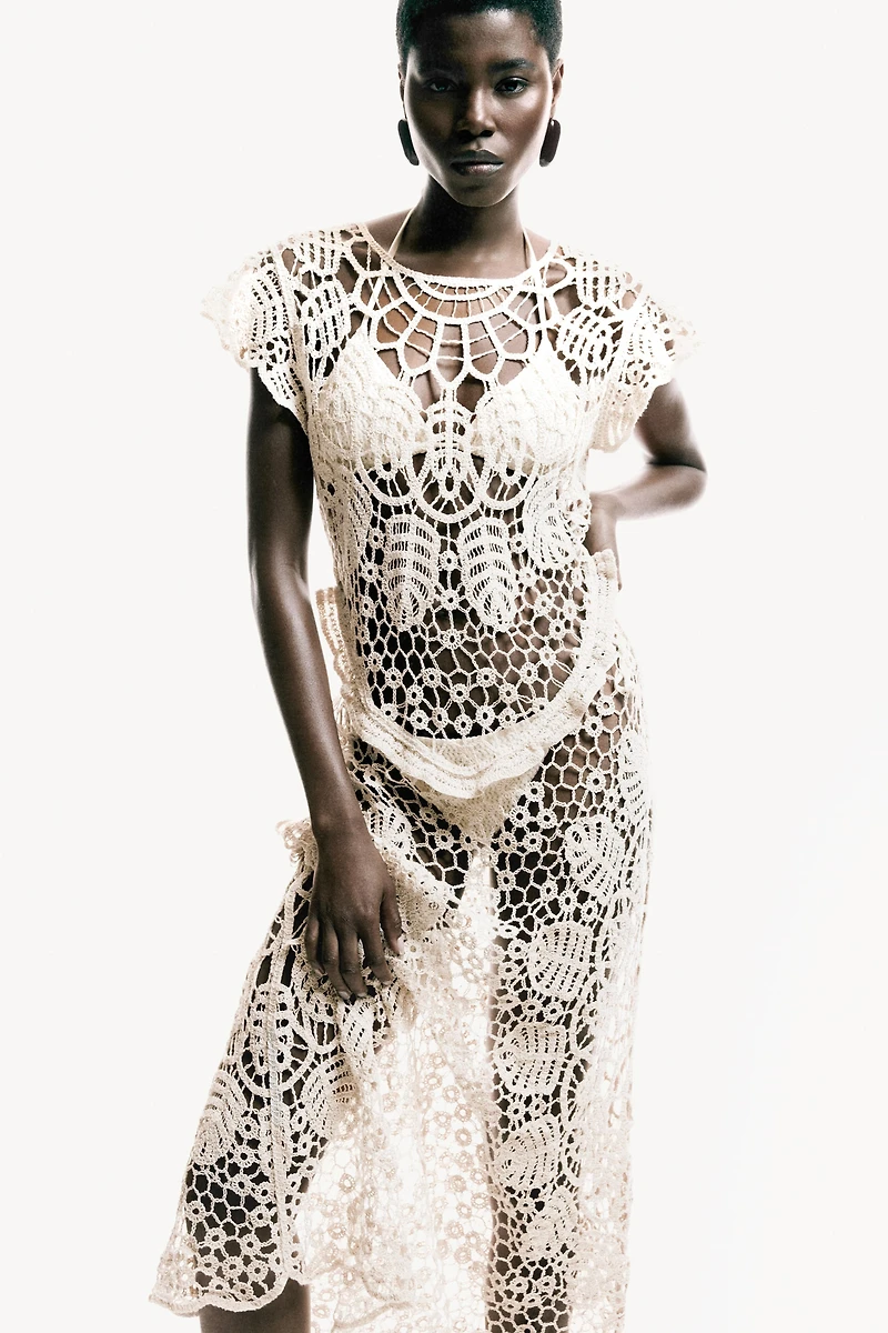 Flutter-Sleeved Crochet-Look Dress