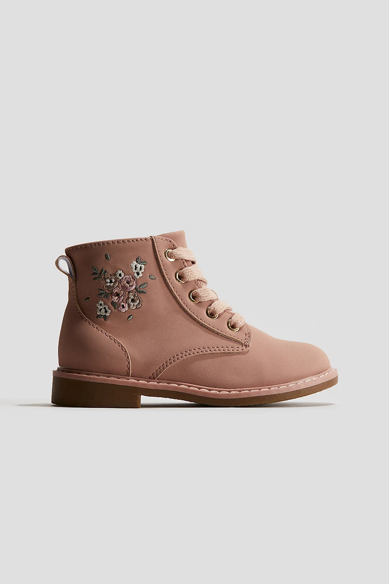 Embroidered-Detail Lace-Up Boots