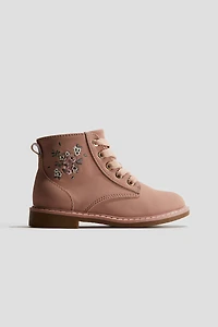 Embroidered-Detail Lace-Up Boots