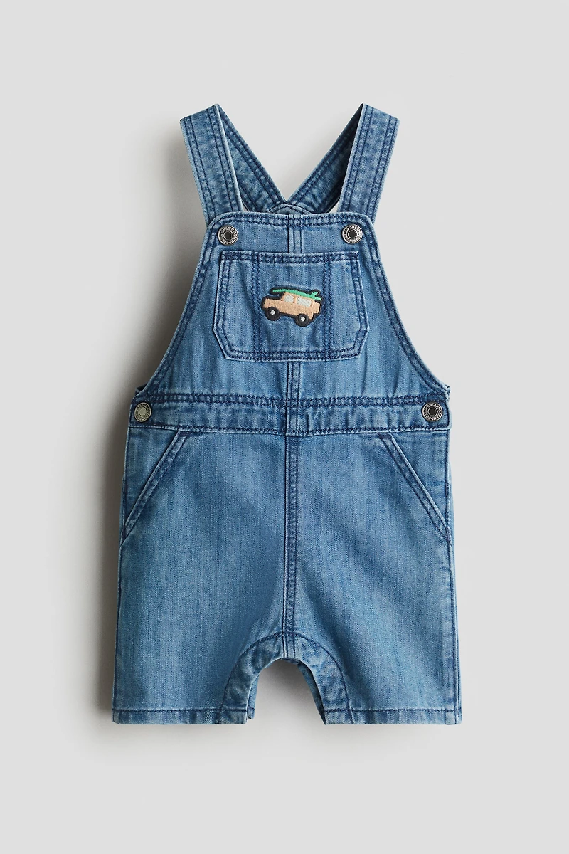 Denim Overall Shorts with Embroidered Details