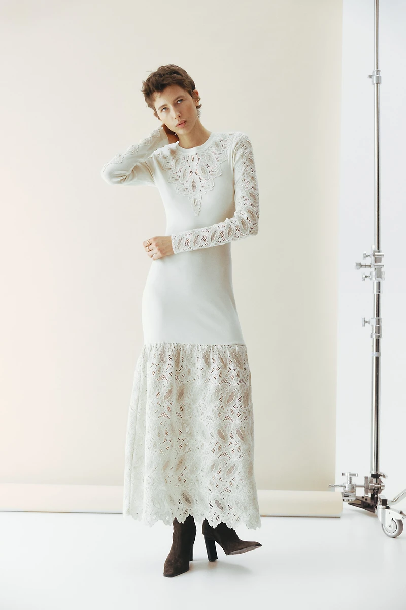 Ribbed Lace-Detail Dress