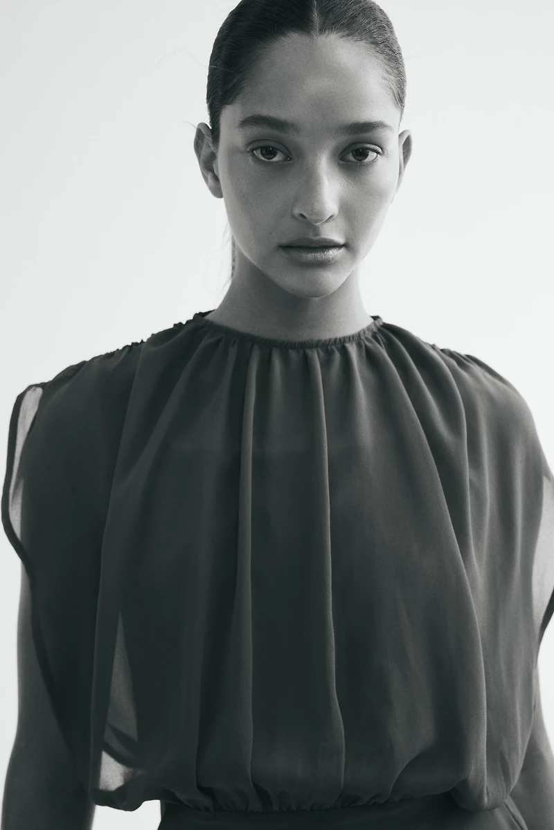 Dual-Fabric Draped Dress