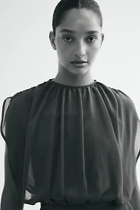 Dual-Fabric Draped Dress