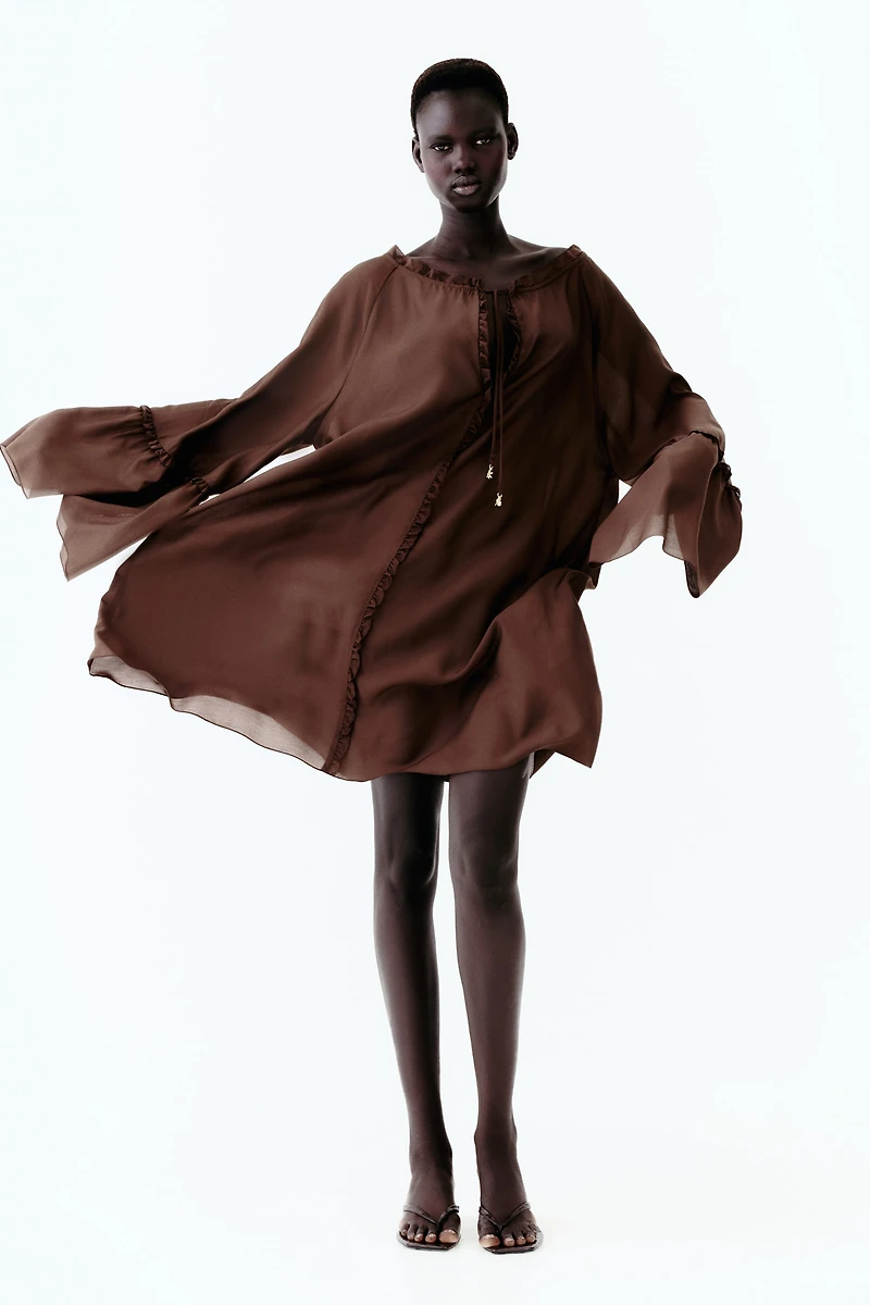 Trumpet-Sleeved Tunic Dress