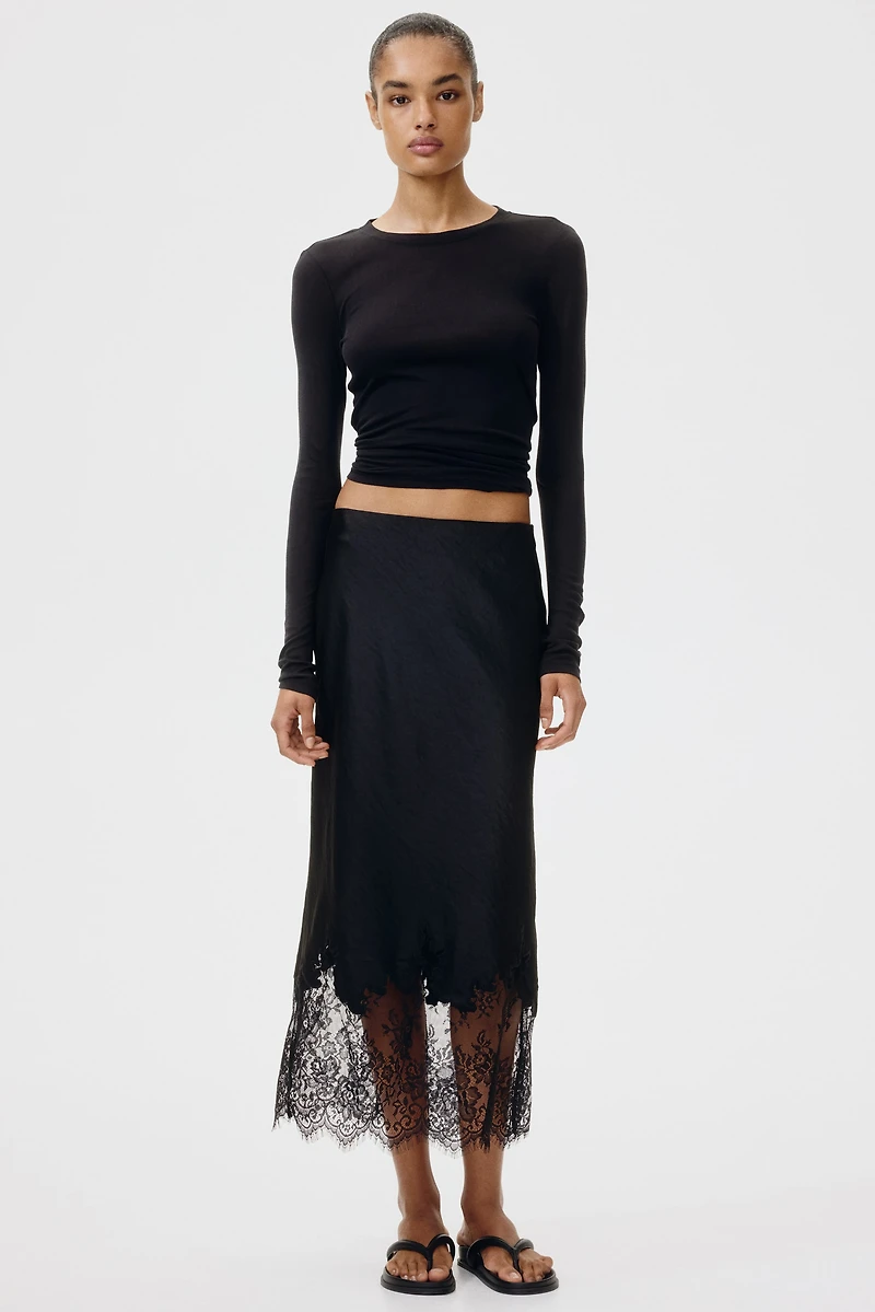 Lace-Trimmed Satin Skirt