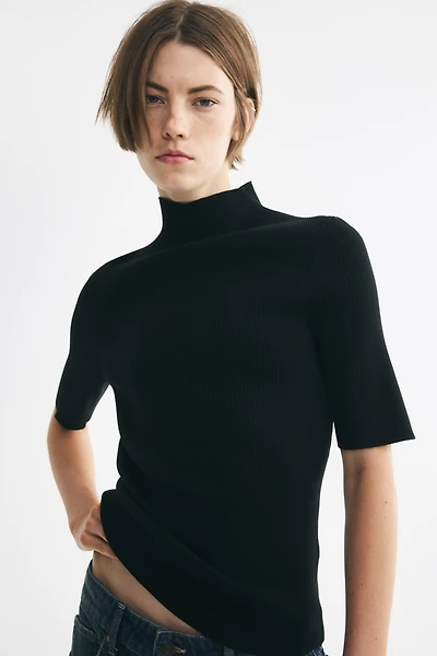 Silk-Blend Rib-Knit Mock Turtleneck Top