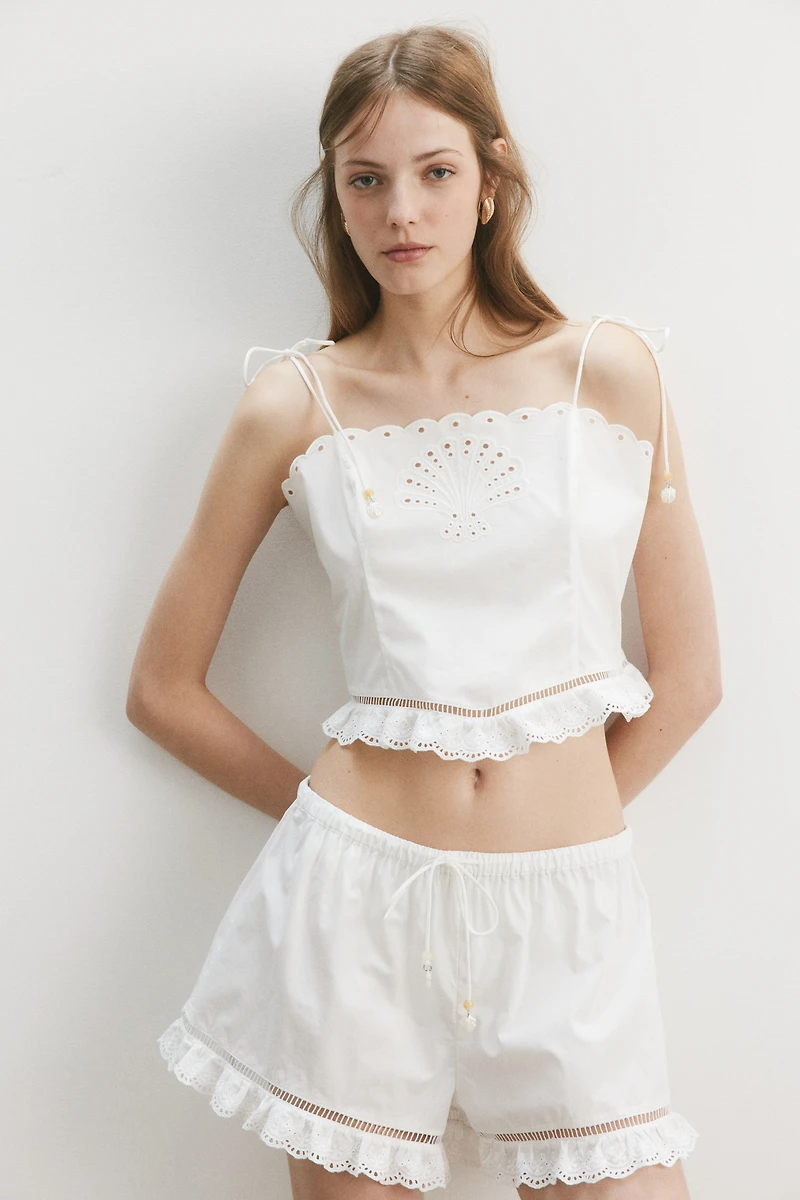 Eyelet-Embroidered Top with Tie Shoulder Straps