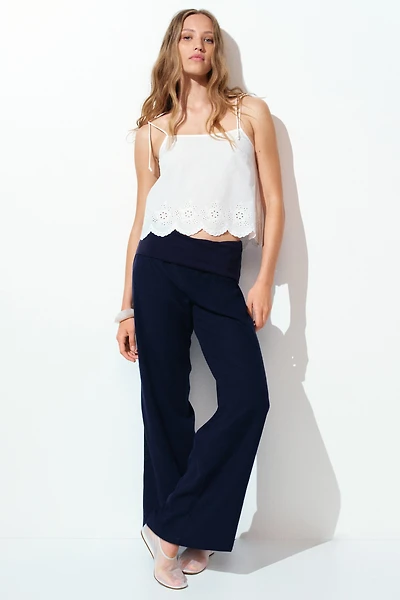Foldover-Waist Linen-Blend Pants
