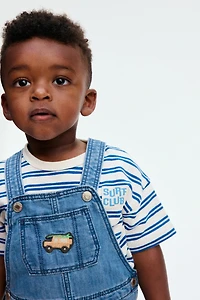 Denim Overall Shorts with Embroidered Details