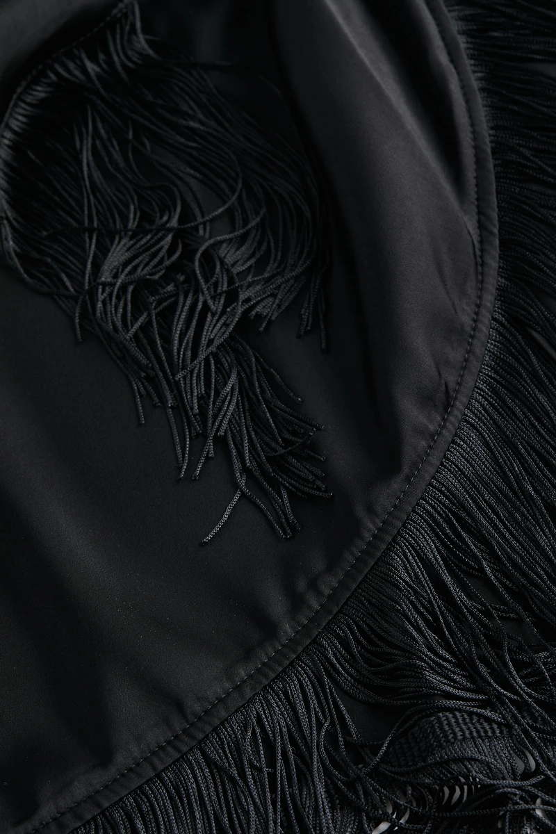 Fringe-trimmed Satin Wrap Dress