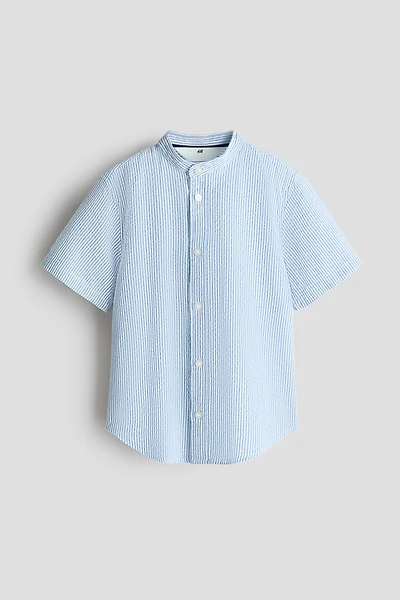 Cotton Seersucker Band-Collar Shirt