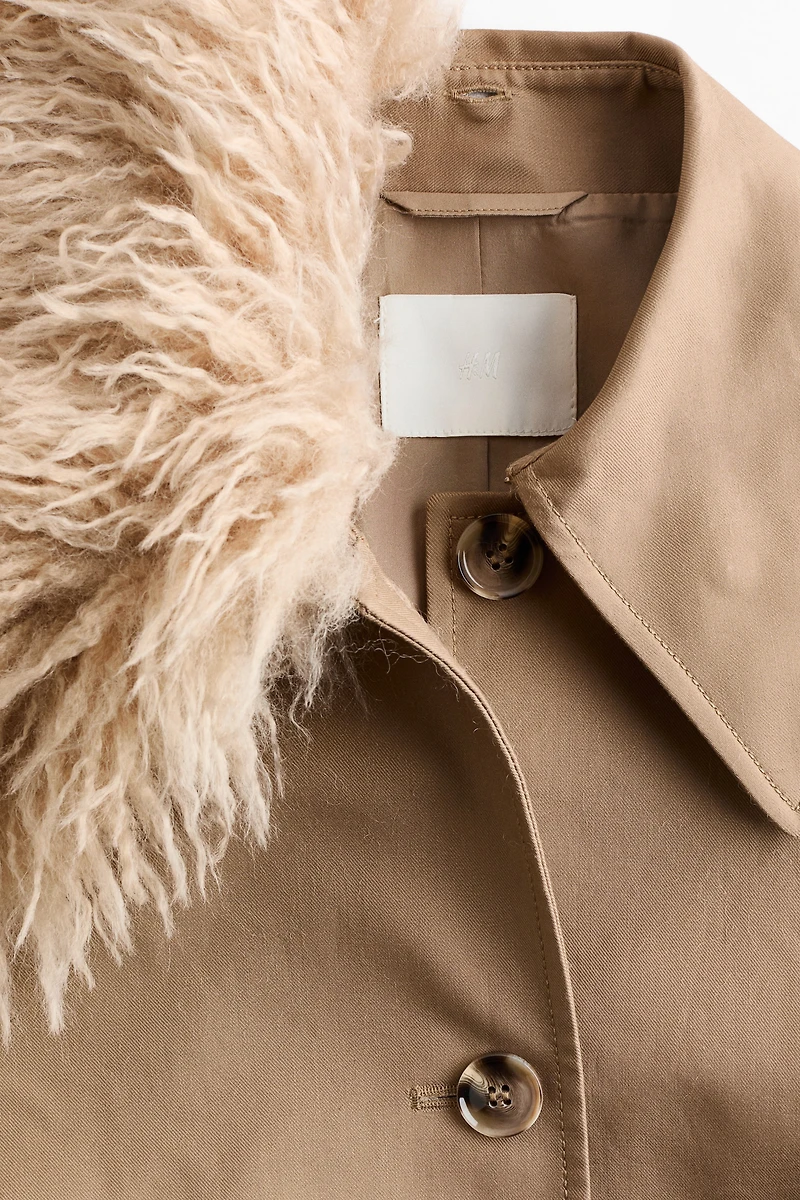Twill Coat with Fluffy Collar