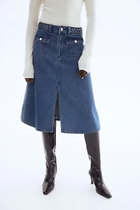 Braided-Trim Denim Skirt