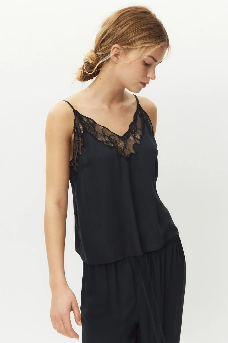 Lace-Trimmed Satin Pajama Top