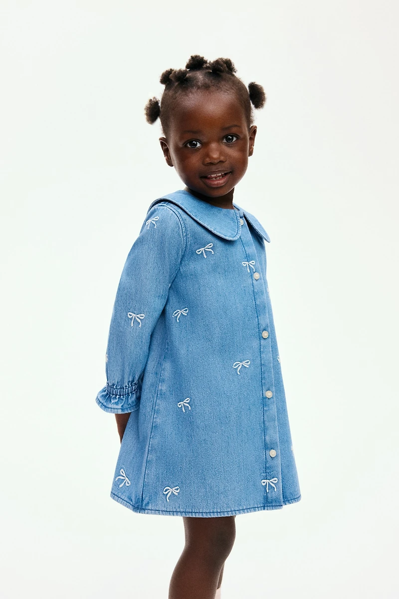 Embroidered-Detail Denim Shirt Dress