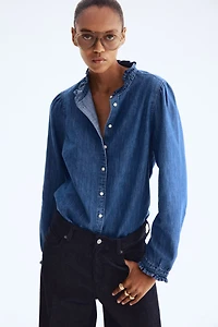 Ruffle-Trimmed Denim Blouse